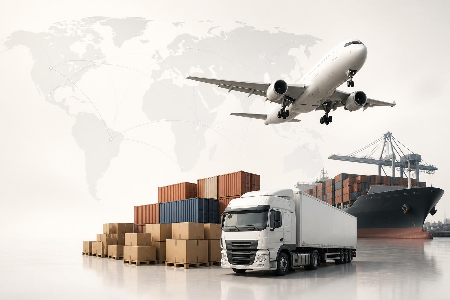 Cargo plane, freight truck, shipping containers, and container ship connected across a world map